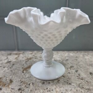Milk Glass Compote Dish Ruffled Edge Hobnail Candy Bowl Vintage Table‎ Decor